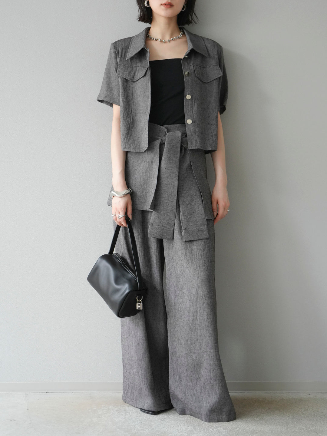[SET]リネンタッチハーフシャツ＆ラップワイドパンツSET UP(2set)