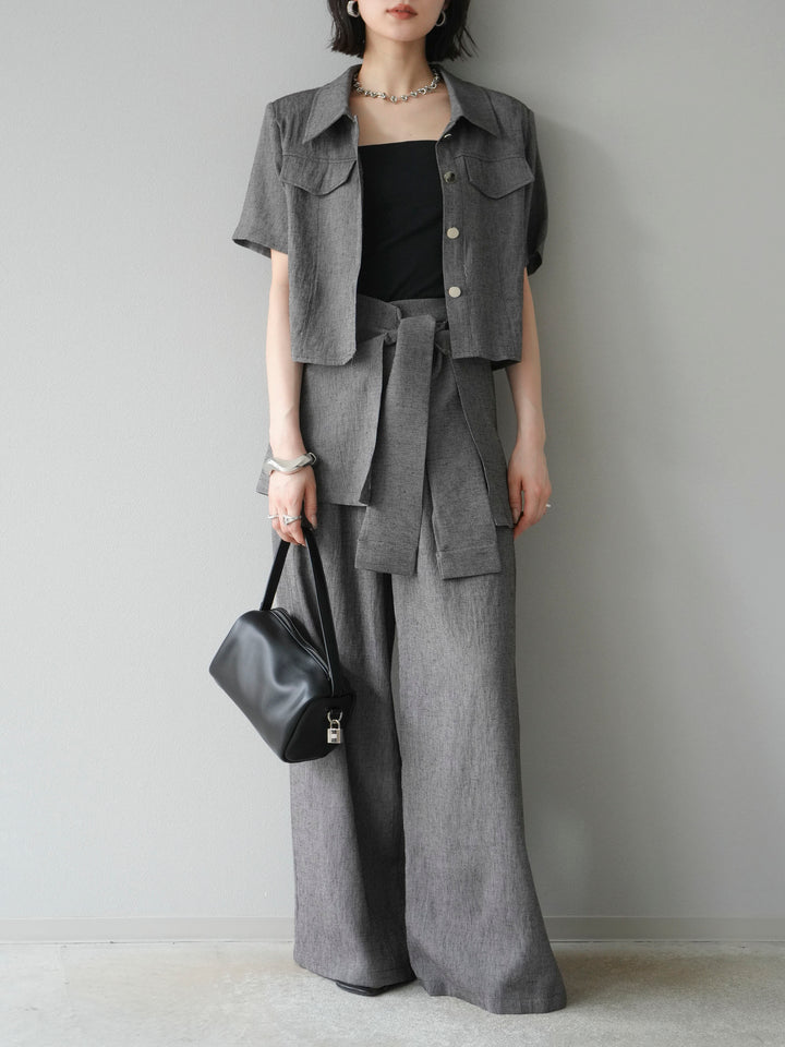 [SET]リネンタッチハーフシャツ＆ラップワイドパンツSET UP(2set)