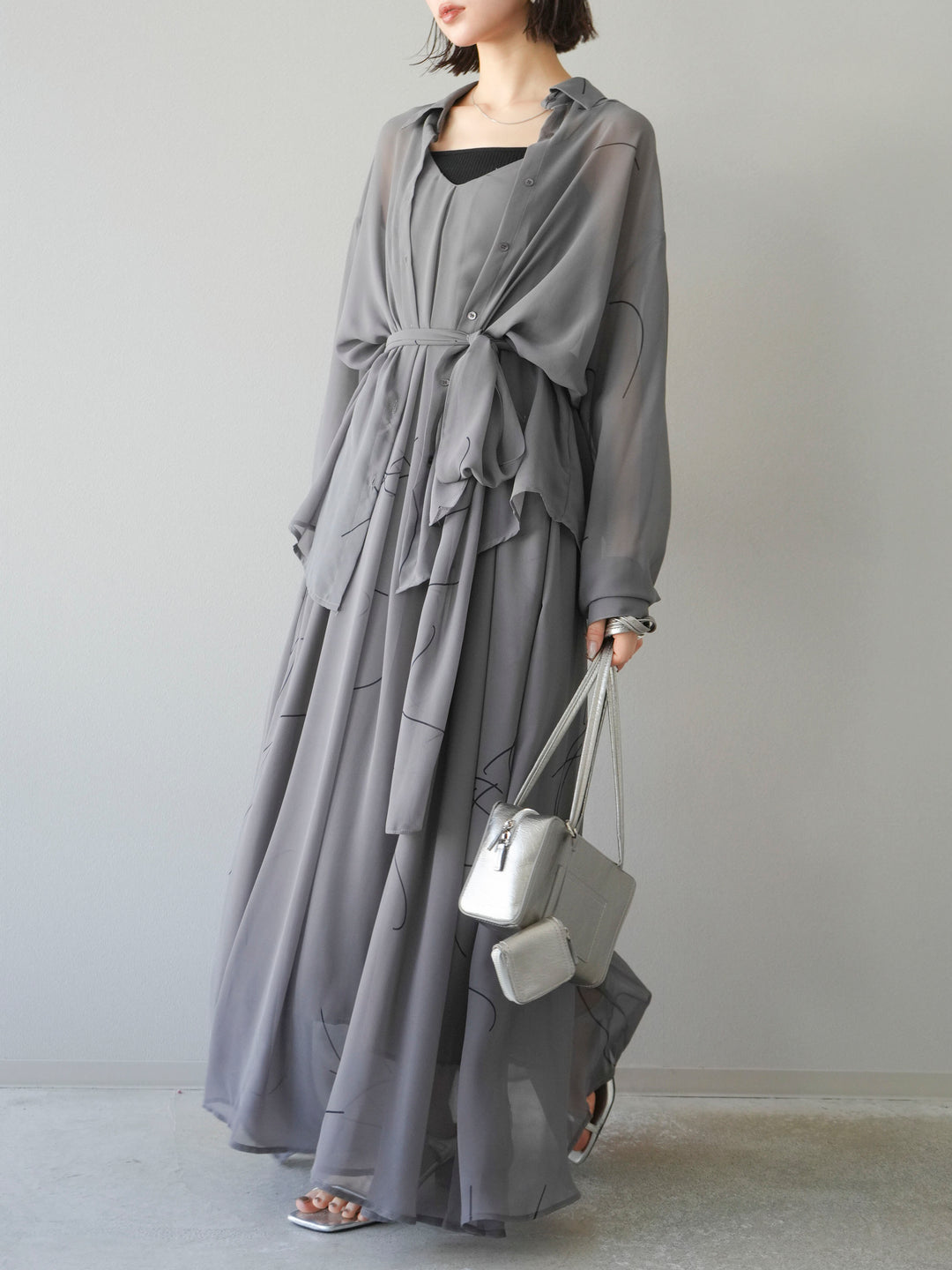 [SET]ペンタッチシフォンキャミワンピース+ペンタッチシフォンシャツ(2set)