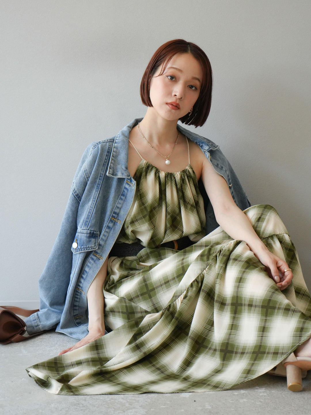 [SET]ベルト付チェックノースリーブワンピース+ビンテージデザインBIGデニムジャケット(2set)