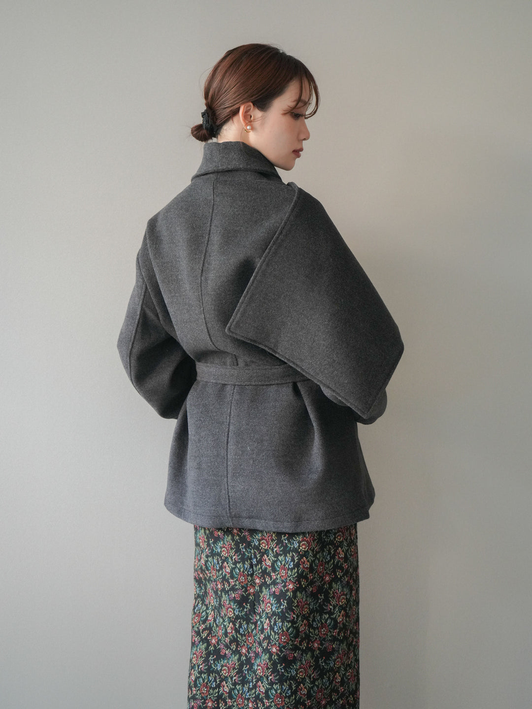 [予約]ストールデザインショートコート/charcoal