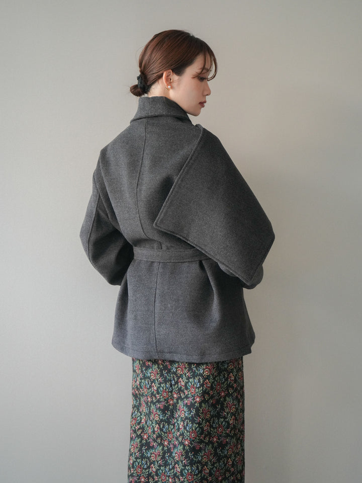 [予約]ストールデザインショートコート/charcoal