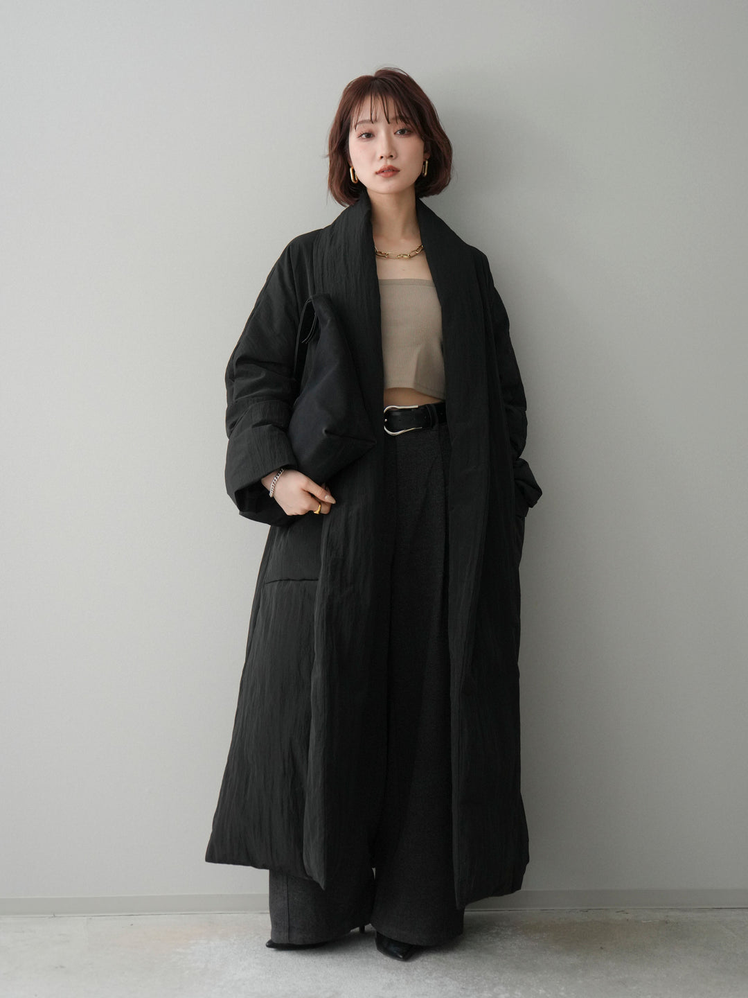 [SET]ロングダウンコート+ベルト付起毛コクーンパンツ(2set)