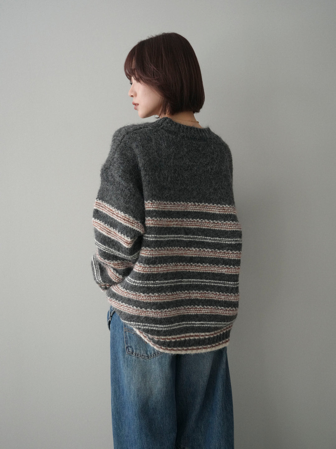 [予約]ステッチボーダーニットプルオーバー/gray