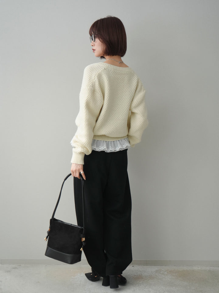 [SET]裾レースケーブルニットカーディガン+2WAYデザインスウェットパンツ(2set)