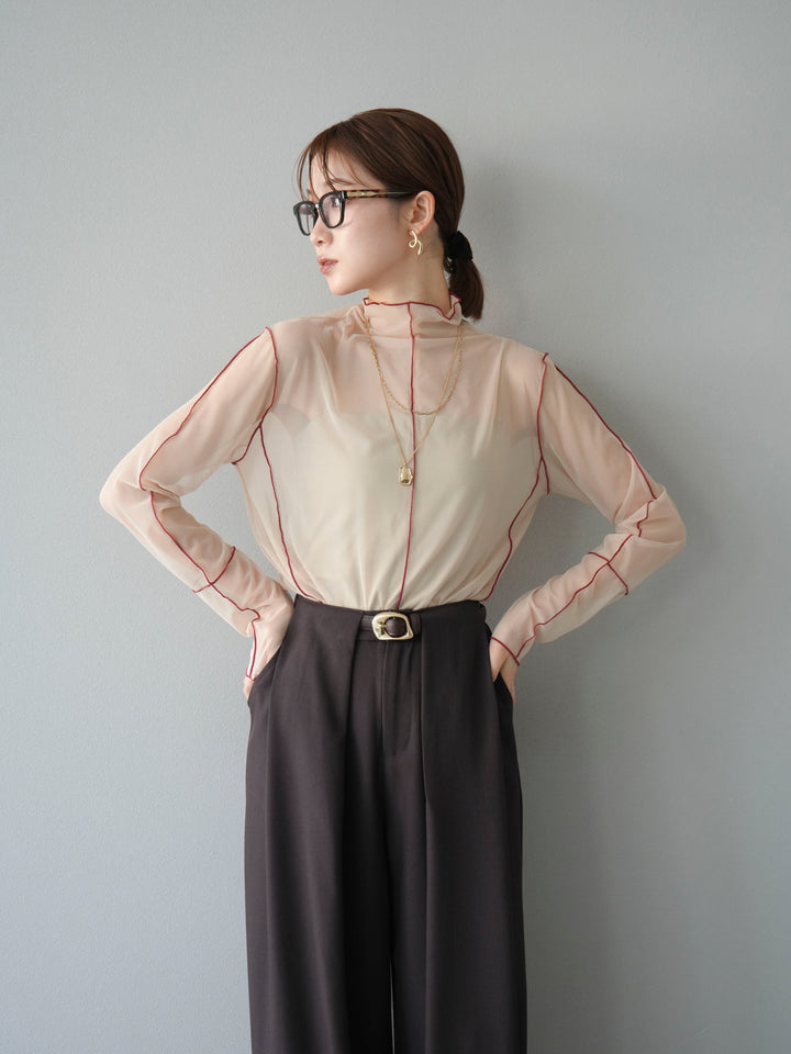 [予約]シアーパイピングカットソー/グレージュ×レッド