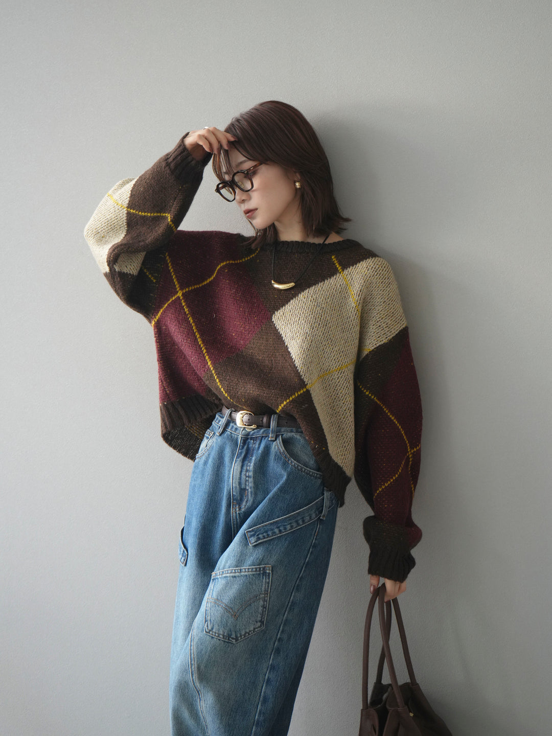 [予約]配色ステッチアーガイル柄ニットプルオーバー/brown