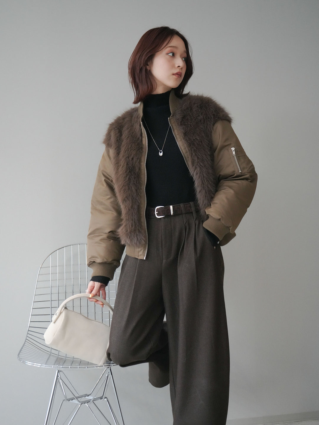 [SET]ファードッキングMA-1+アニマル柄ベルト付きウールタッチワイドパンツ(2set)