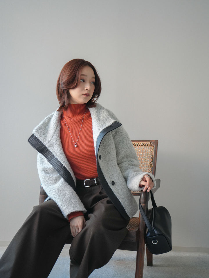 [SET]レザー切替ブークレブルゾン+アニマル柄ベルト付きウールタッチワイドパンツ(2set)