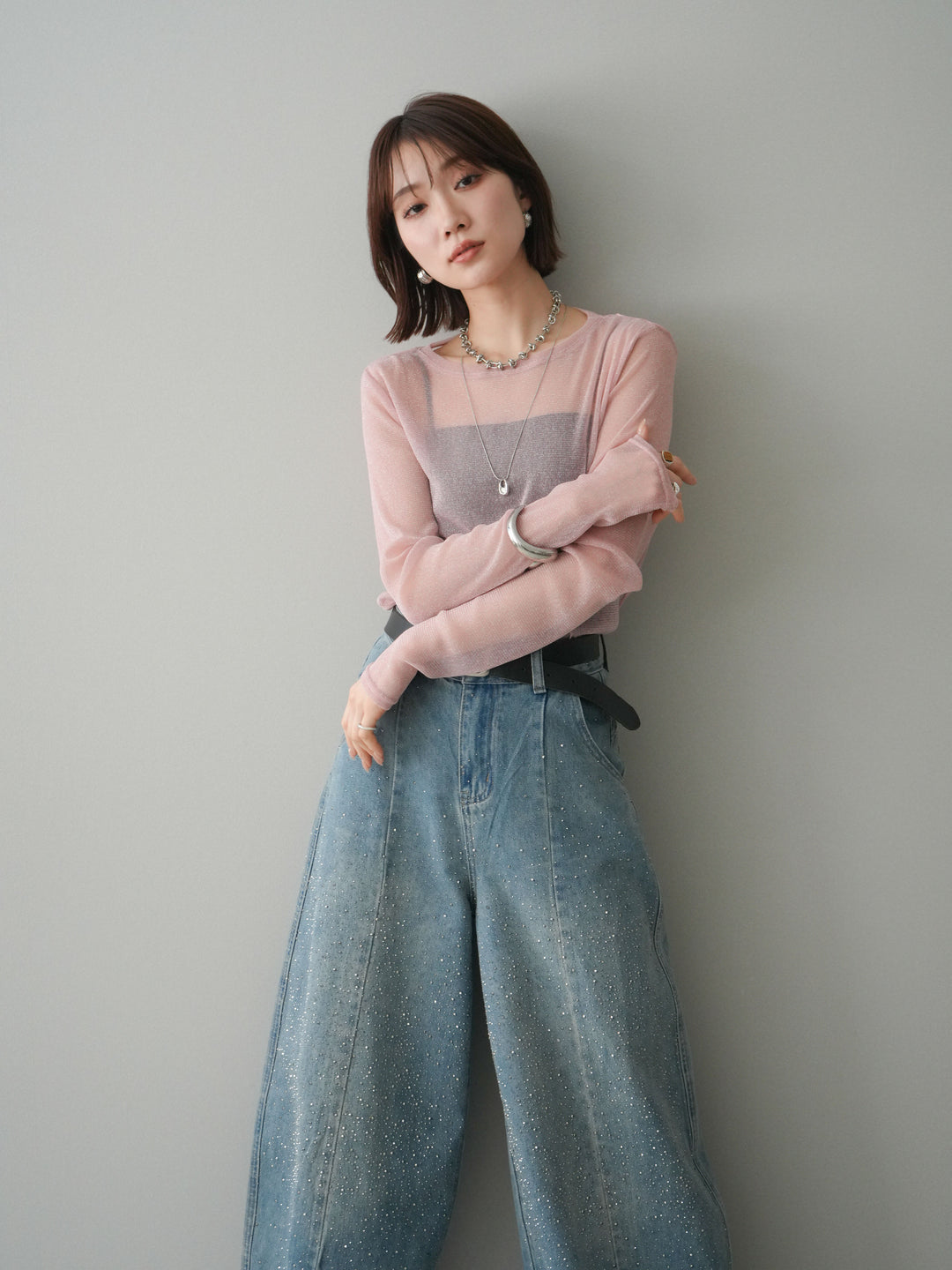 [予約]ラメシアークルーネックトップス/pink