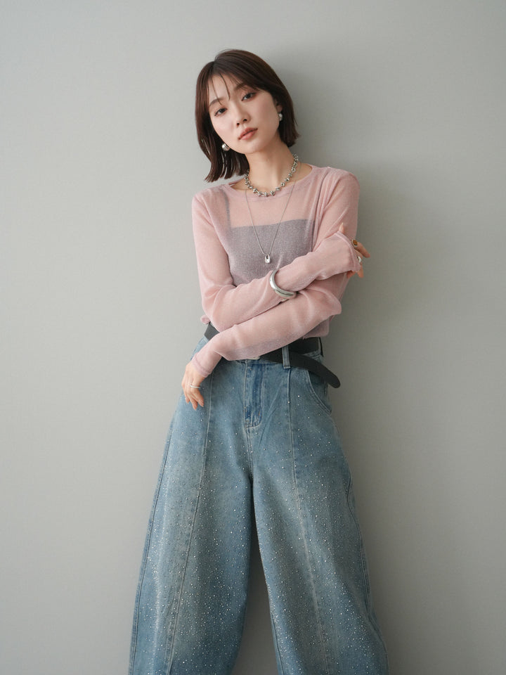 [予約]ラメシアークルーネックトップス/pink