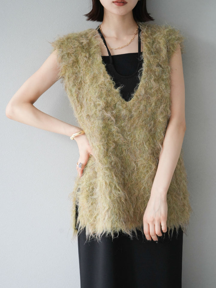 [予約]ウール混ミックスヤーンニットベスト/グリーン