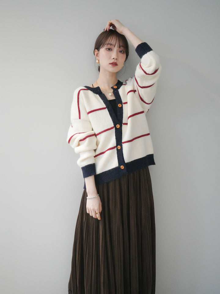 [予約]配色ボーダーニットカーディガン/red