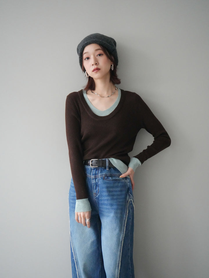 [SET]Uネック配色レイヤードリブニットトップス+サイドフリンジワイドデニムパンツ(2set)