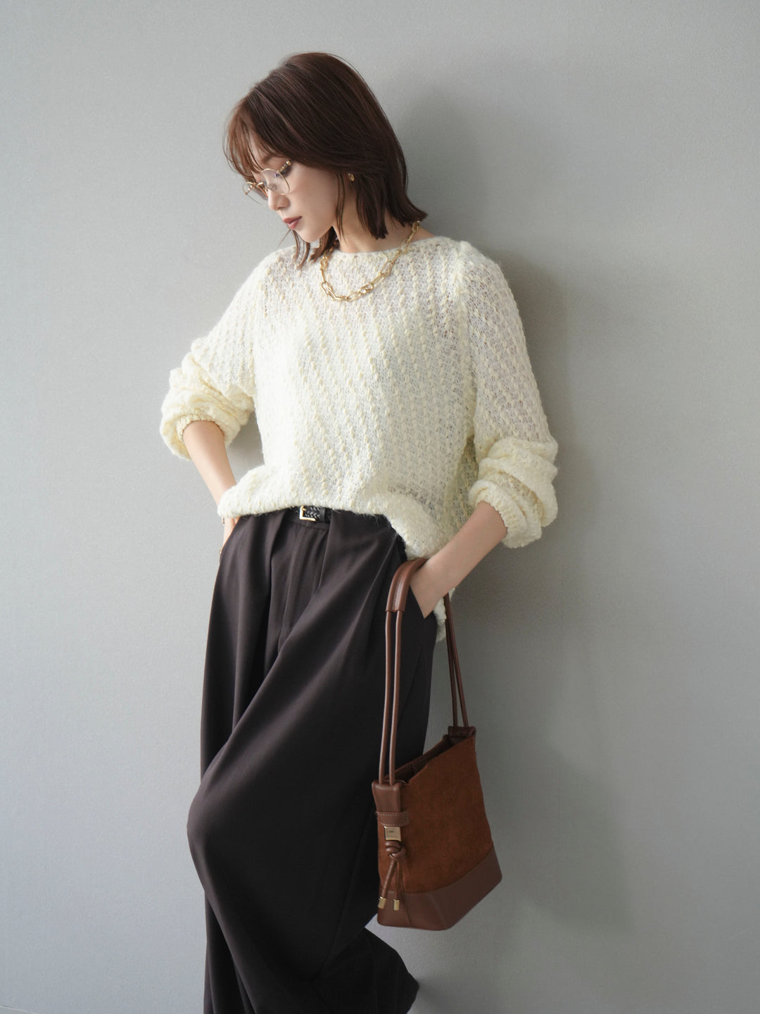 【着回しセット】[SET]求心柄クロップドニットカーディガン+異素材ミックスヤーンニットプルオーバー+ベルトループデザインワイドパンツ(3set)