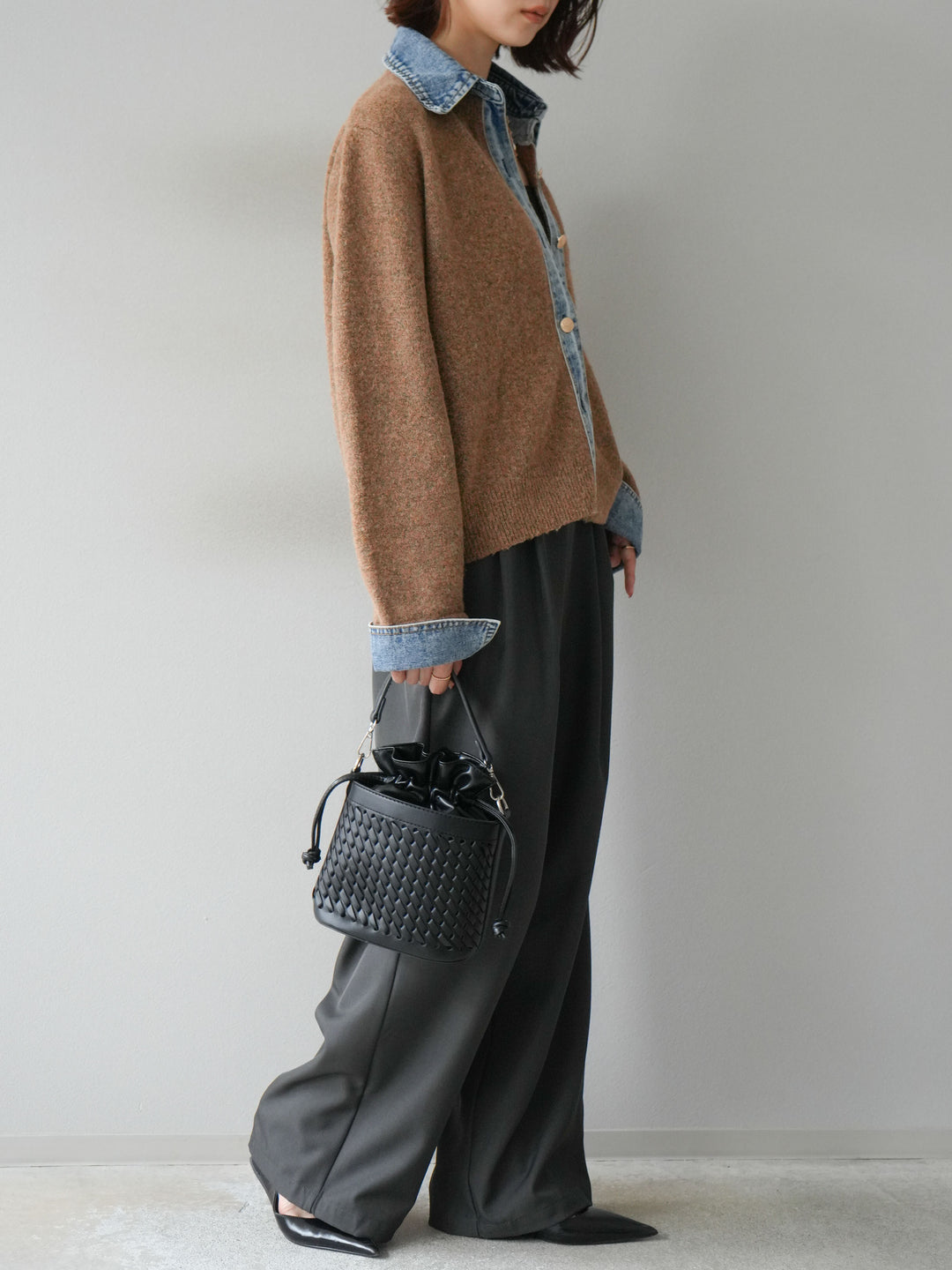 [SET]デニム襟ボタンニットカーディガン+エステルタックワイドパンツ(2set)