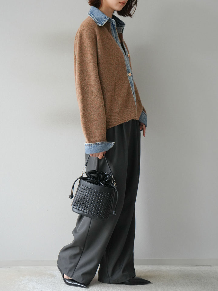 [SET]デニム襟ボタンニットカーディガン+エステルタックワイドパンツ(2set)