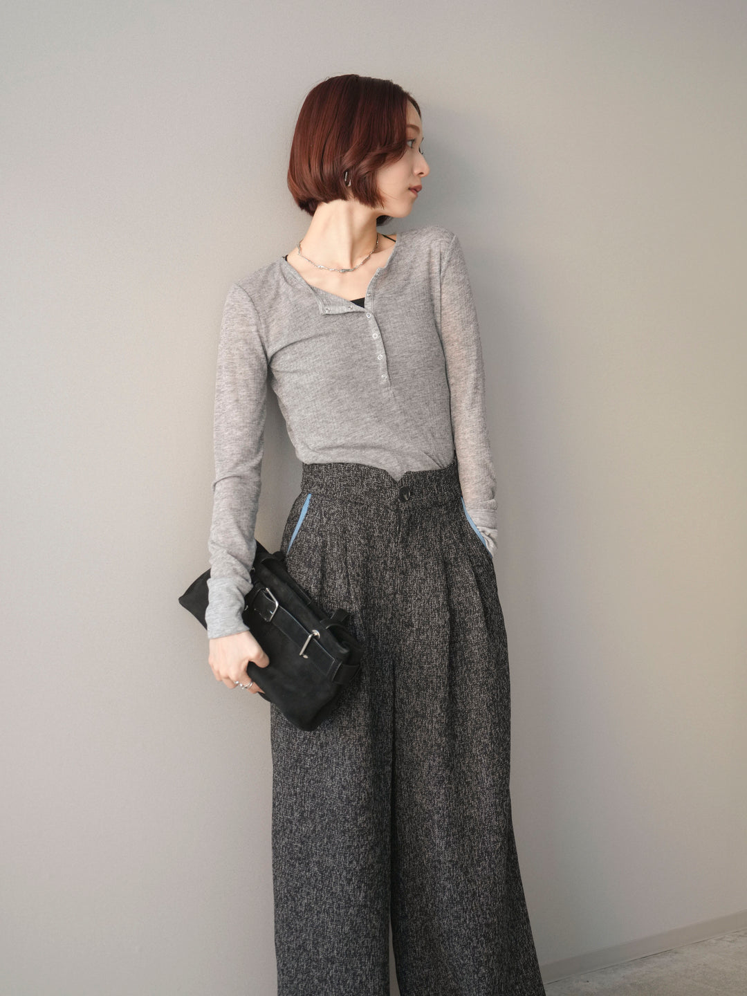 [予約]シアーリブヘンリーネックロンT/gray