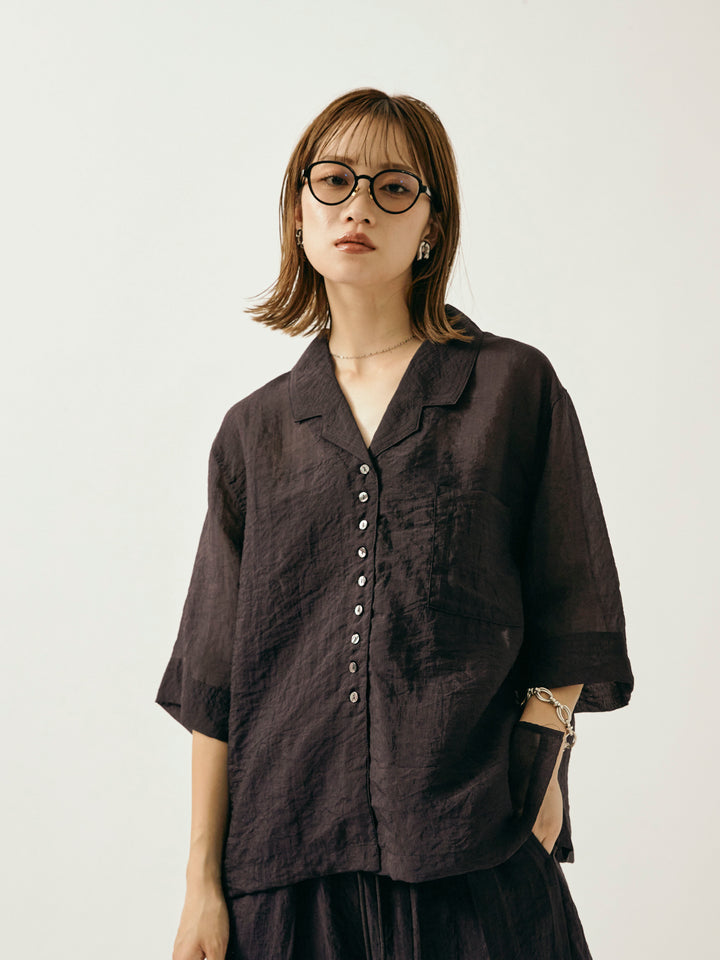 【Allure】[SET]シャイニースラブシアー開襟ハーフシャツ+シャイニースラブシアーワイドパンツ(2set)