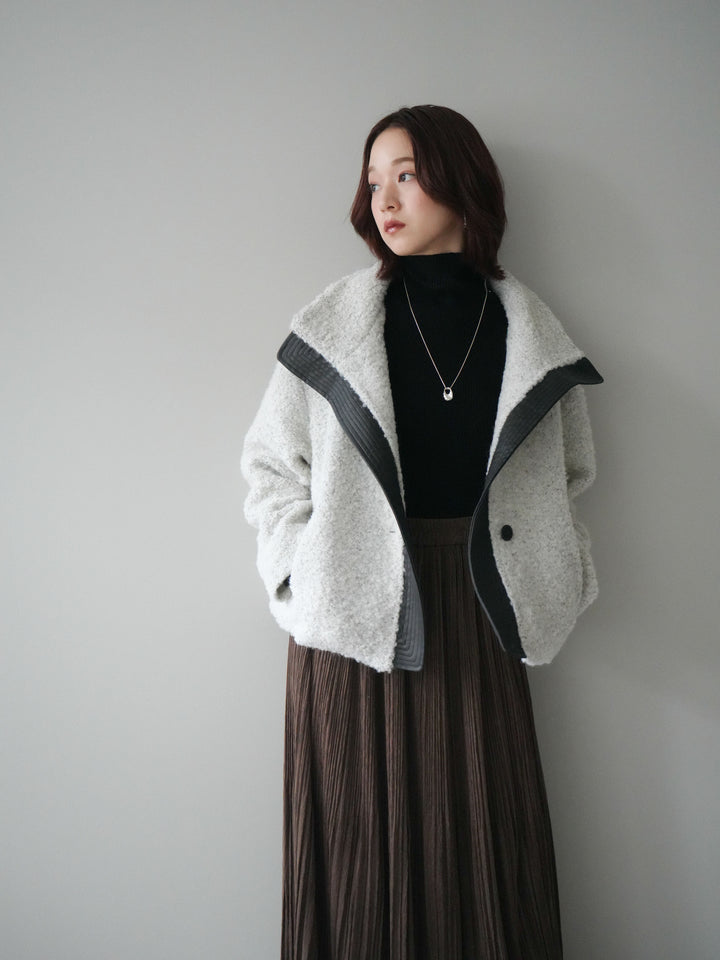 [SET]レザー切替ブークレブルゾン+袖ボタンボトルネックリブニットトップス+裾レーススウェードプリーツマキシスカート(3set)