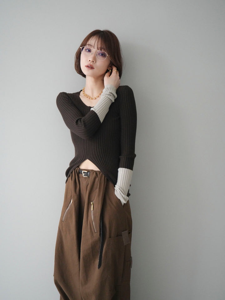 [予約]袖配色ランダムリブフロントスリットニットトップス/brown