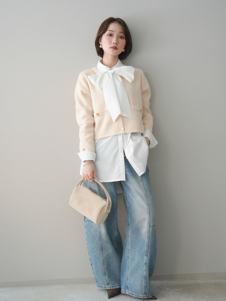 [SET]ゴールドボタンノーカラーニットジャケット+ガーメントウォッシュカーブデニムパンツ(2set)