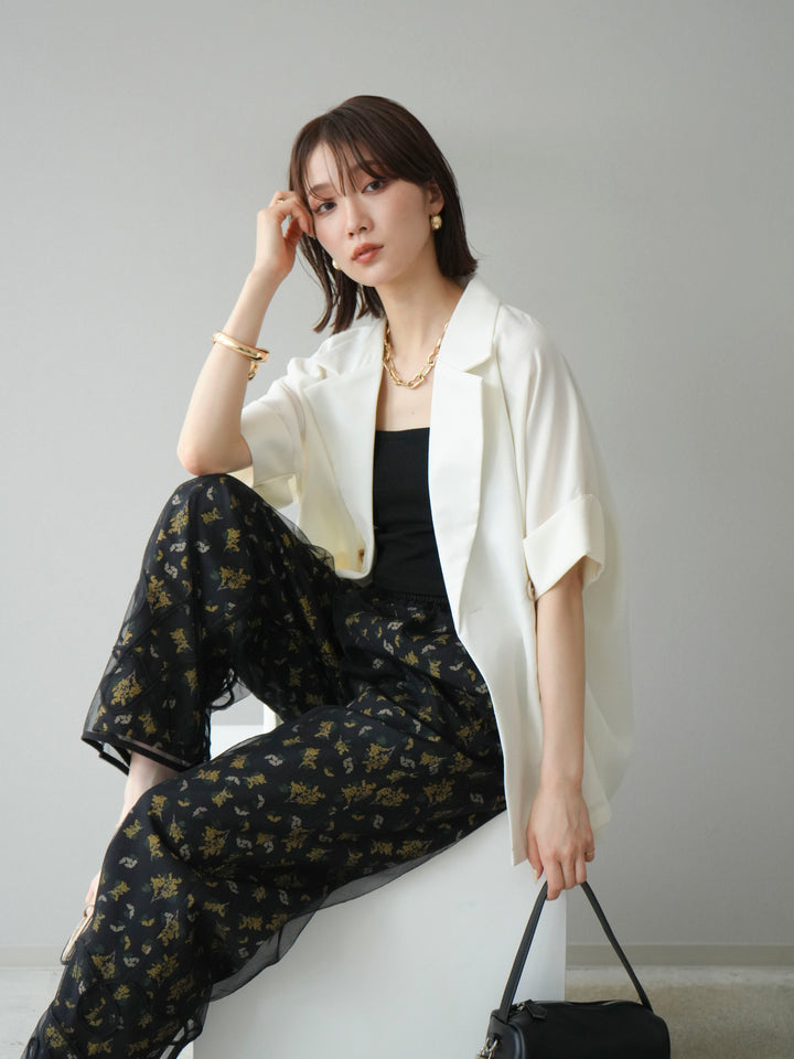 [SET]リネンライクハーフテーラードジャケット+コード刺繍チュールレイヤードパンツ(2set)