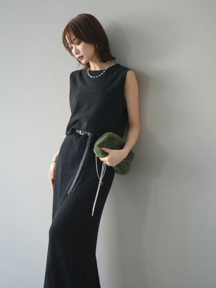 [予約]メッシュ切替ノースリーニットワンピース/darkgray