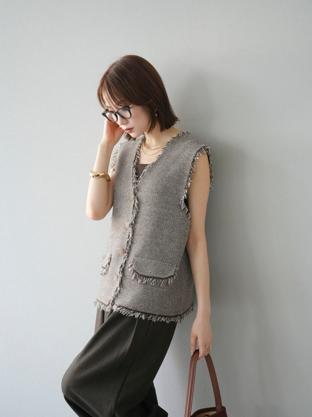 [予約]ツイードライクフリンジニットベスト/ブラウン