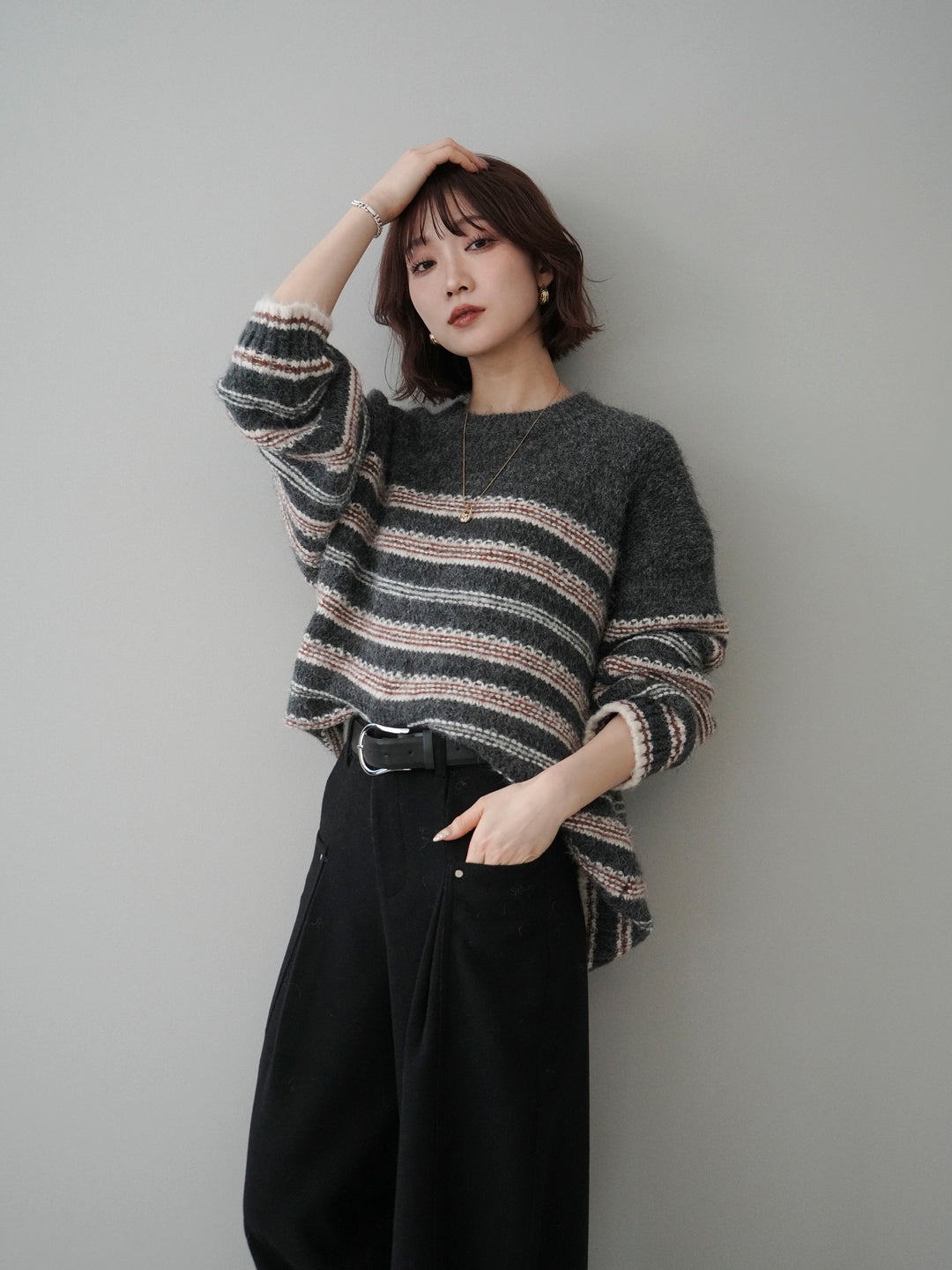 [予約]ステッチボーダーニットプルオーバー/gray