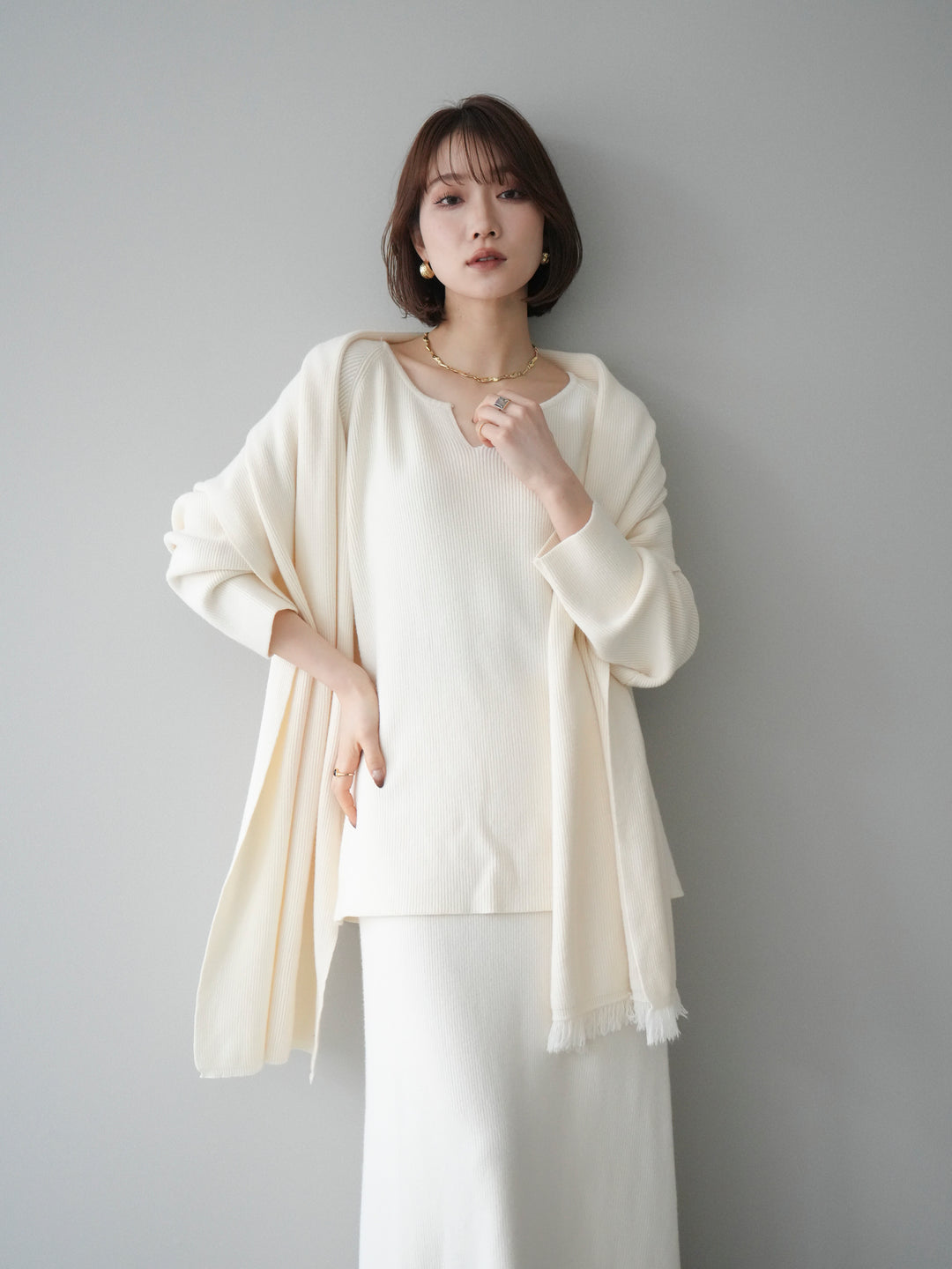 [SET]ストール付キーネックニットSET UP