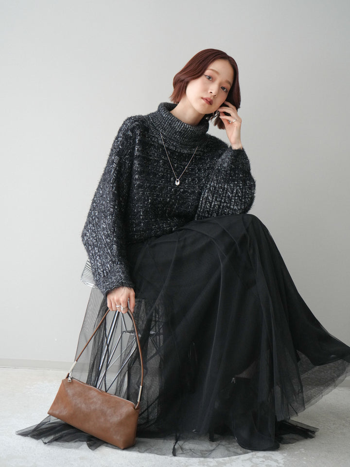 [予約]オフタートルケーブル編みニットプルオーバー/black