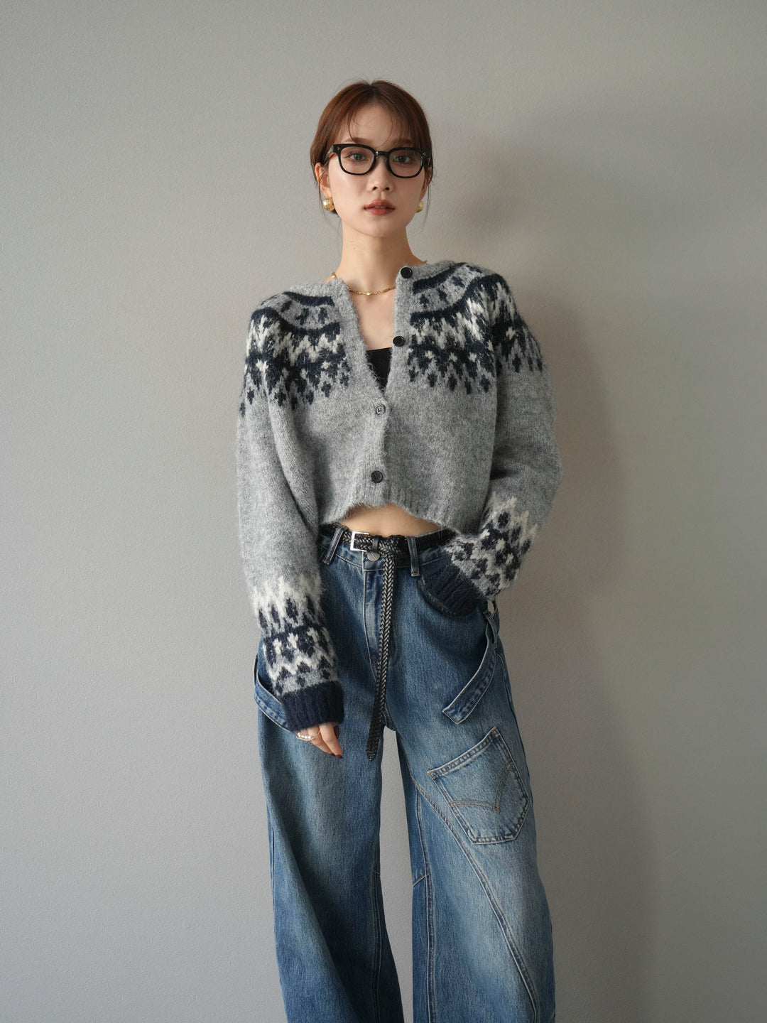 【着回しセット】[SET]求心柄クロップドニットカーディガン+ミックスヤーンペイズリー柄ニットカーディガン+ペインターカーブデニムパンツ(3set)