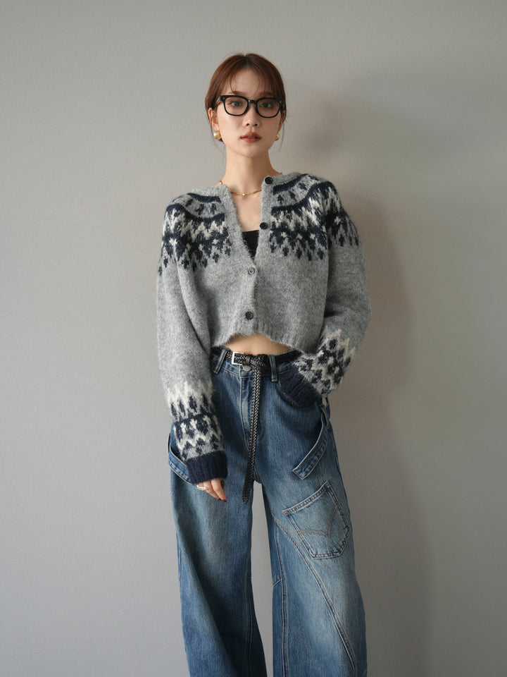 【着回しセット】[SET]求心柄クロップドニットカーディガン+ミックスヤーンペイズリー柄ニットカーディガン+ペインターカーブデニムパンツ(3set)