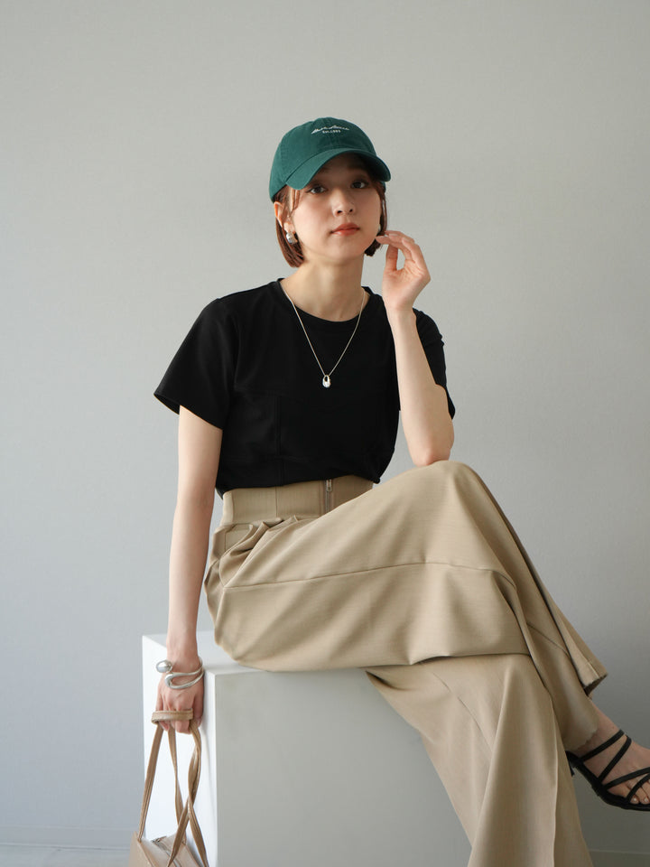 [SET]ビスチェデザインTシャツ+ジップタックワイドパンツ(2set)