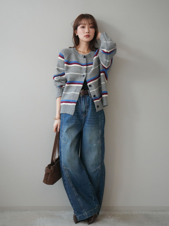 [SET]ランダムボーダーニットカーディガン+デザインステッチカーブデニムパンツ(2set)