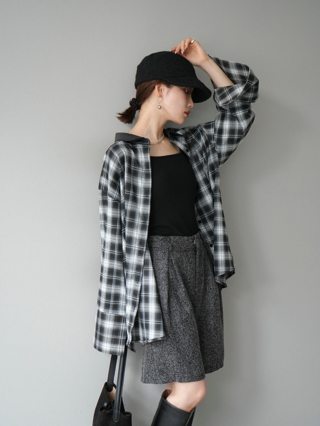 [予約]レザー襟オンブレチェックオーバーシャツ /ブルー