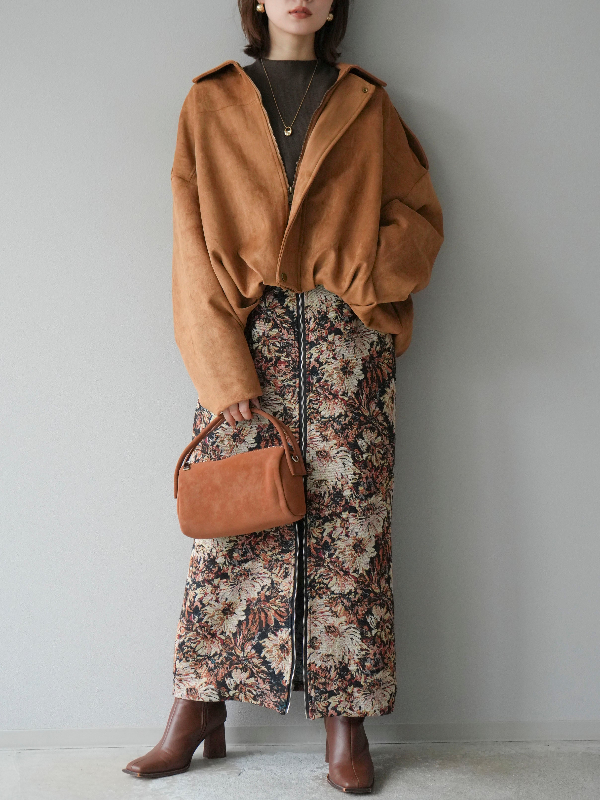 SET]スウェードオーバーブルゾン+ゴブランフロントジップタイト