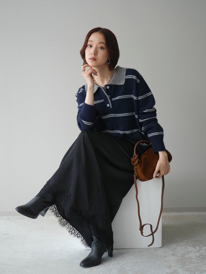 [予約]バイカラーボーダーポロニットプルオーバー/navy