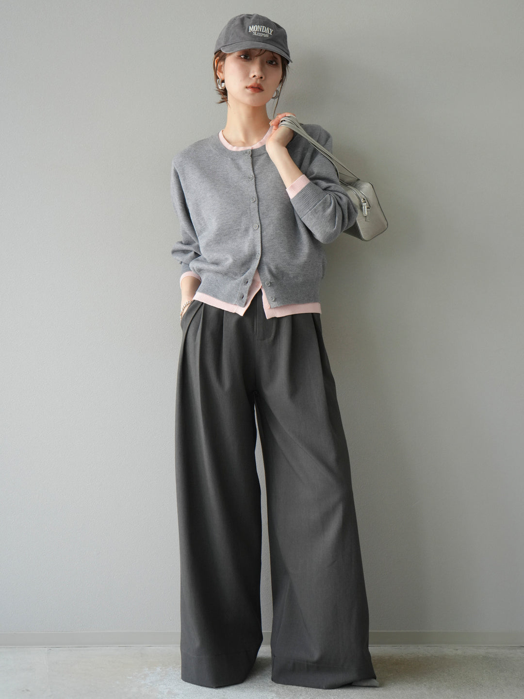 【預購】顏色協調的多層開襟衫/灰色