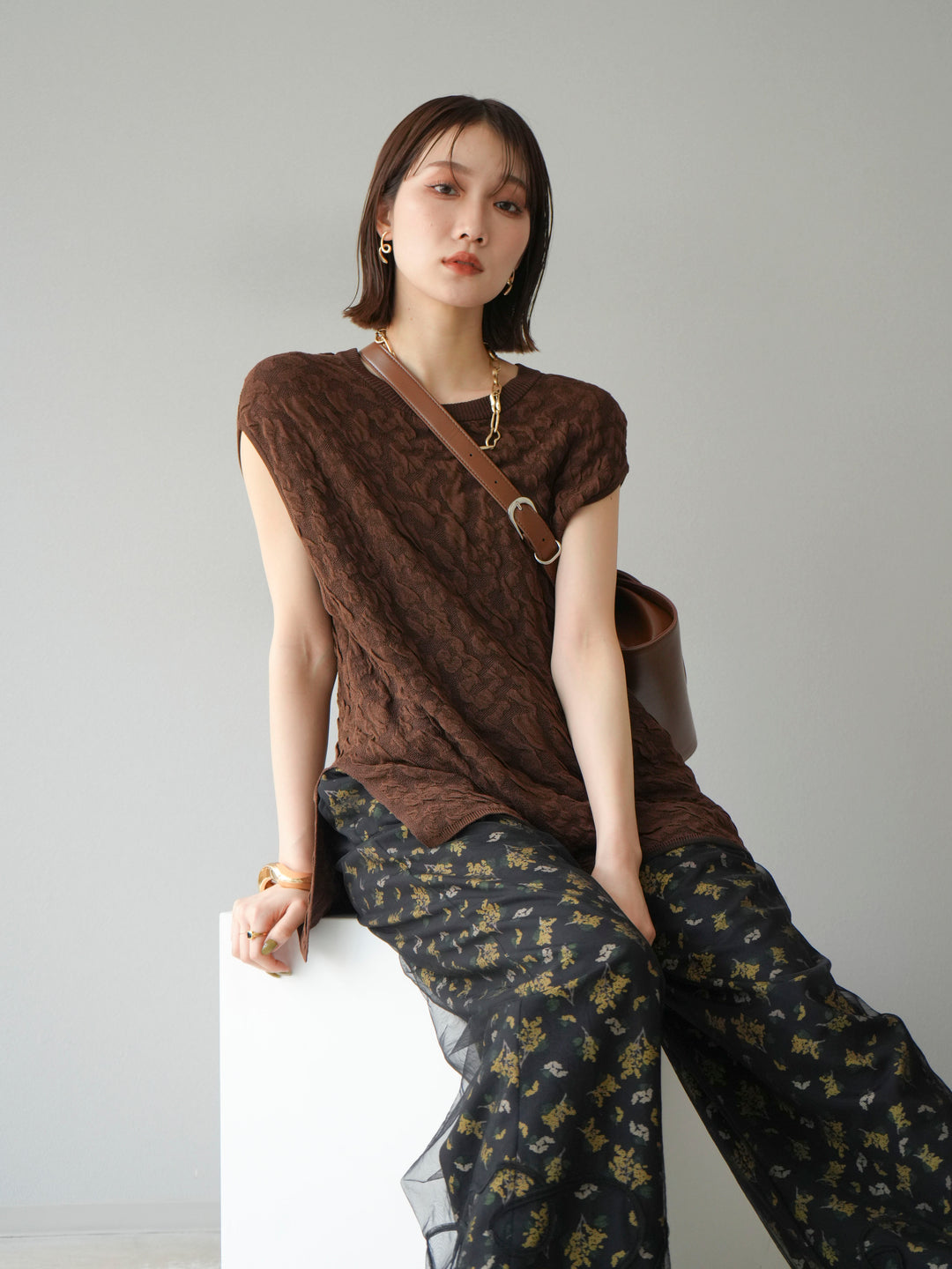 [SET]コード刺繍チュールレイヤードパンツ+ブーケプリントタックパンツ(2set)