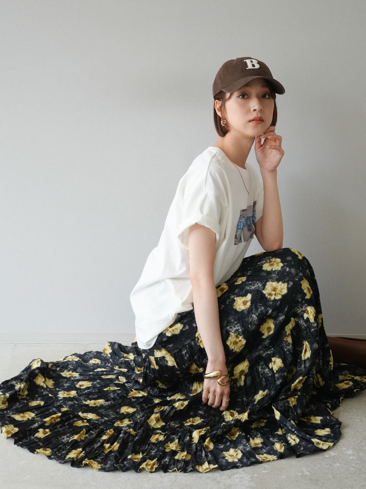 [SET]ネオンロゴコラージュフォトプリントオーバーTシャツ+フラワーワッシャーロングスカート(2set)