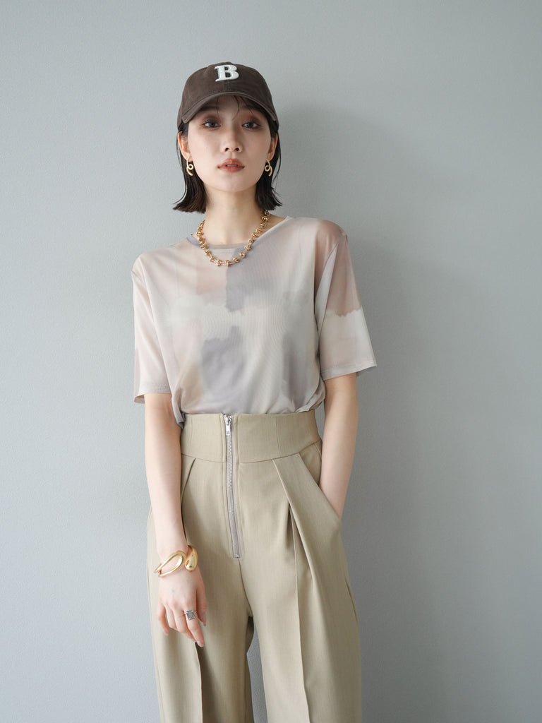 ameri様 水彩アートシアーTシャツ 総柄シアー半袖プルオーバー Lumier 予約]水彩アートシアーTシャツ/チャコール – Lumier