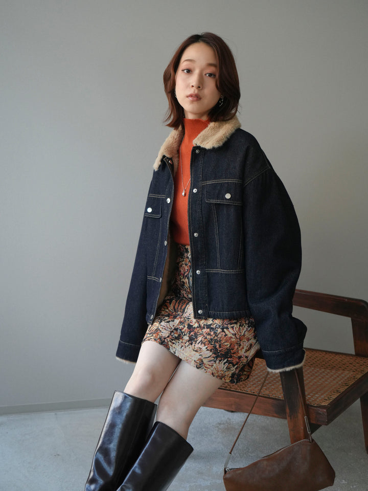 [予約]デニム×ファーステンカラーショートジャケット/indigo