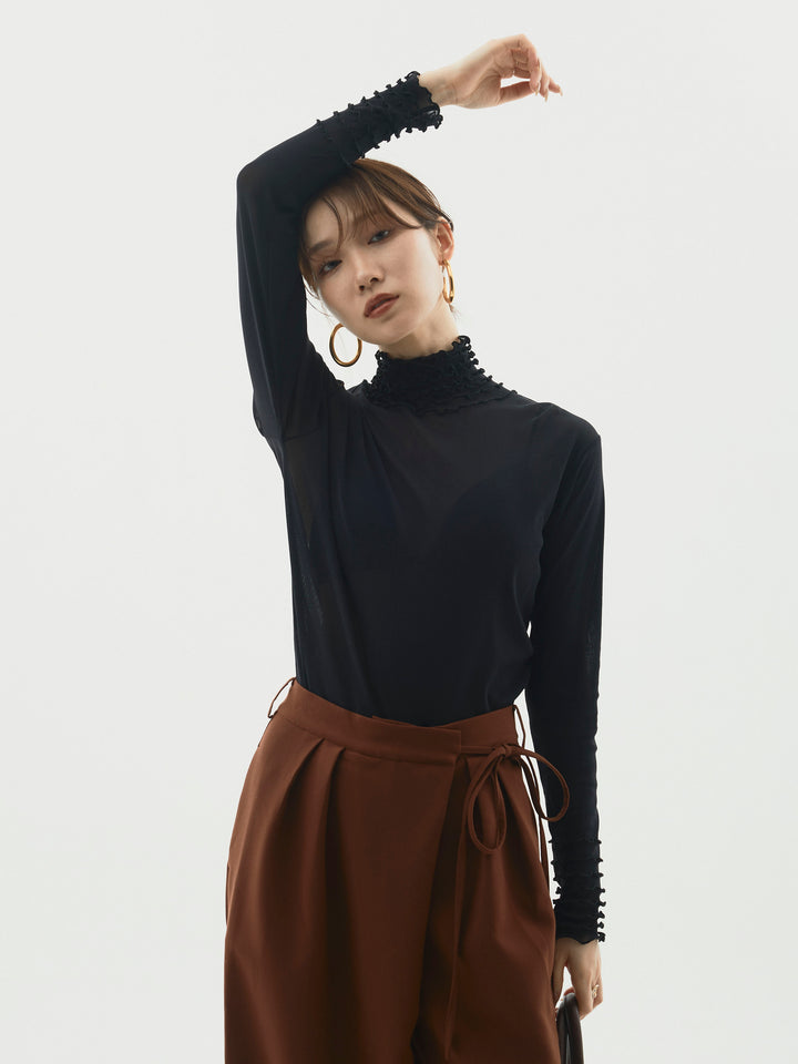 【Allure】[SET]シアーフリルメロートップス+ラップデザインタックワイドパンツ(2set)