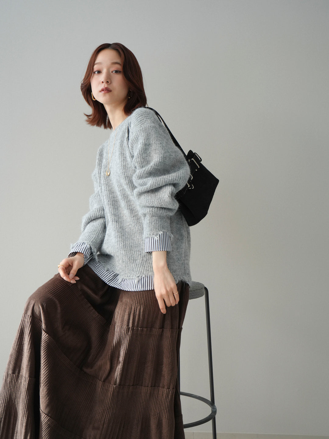 [SET]裾シャツレイヤードダメージニットプルオーバー+ストーンフォークリング(2set)