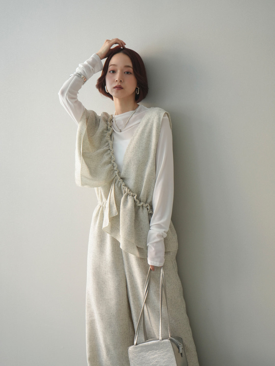 [SET]3WAYミックスツイードギャザーオールインワン+シアープチネックストレッチトップス(2set)