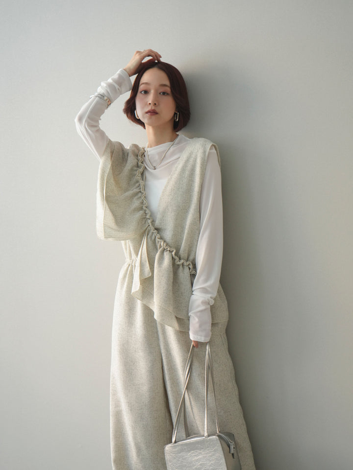 [SET]3WAYミックスツイードギャザーオールインワン+シアープチネックストレッチトップス(2set)