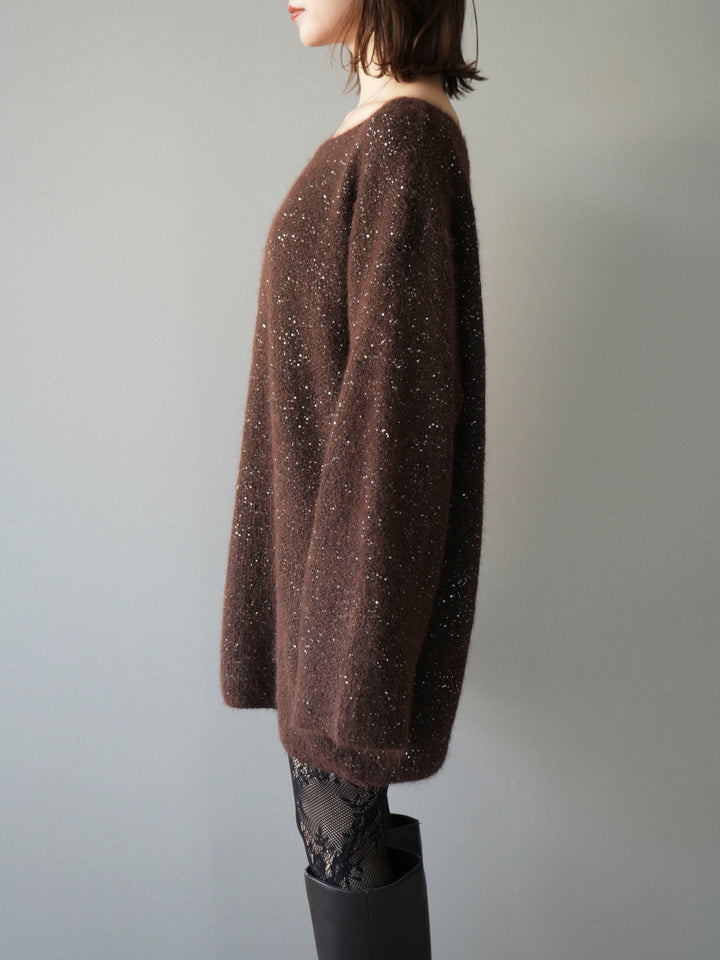 [予約]スパンコールミニシャギーニットチュニック/brown