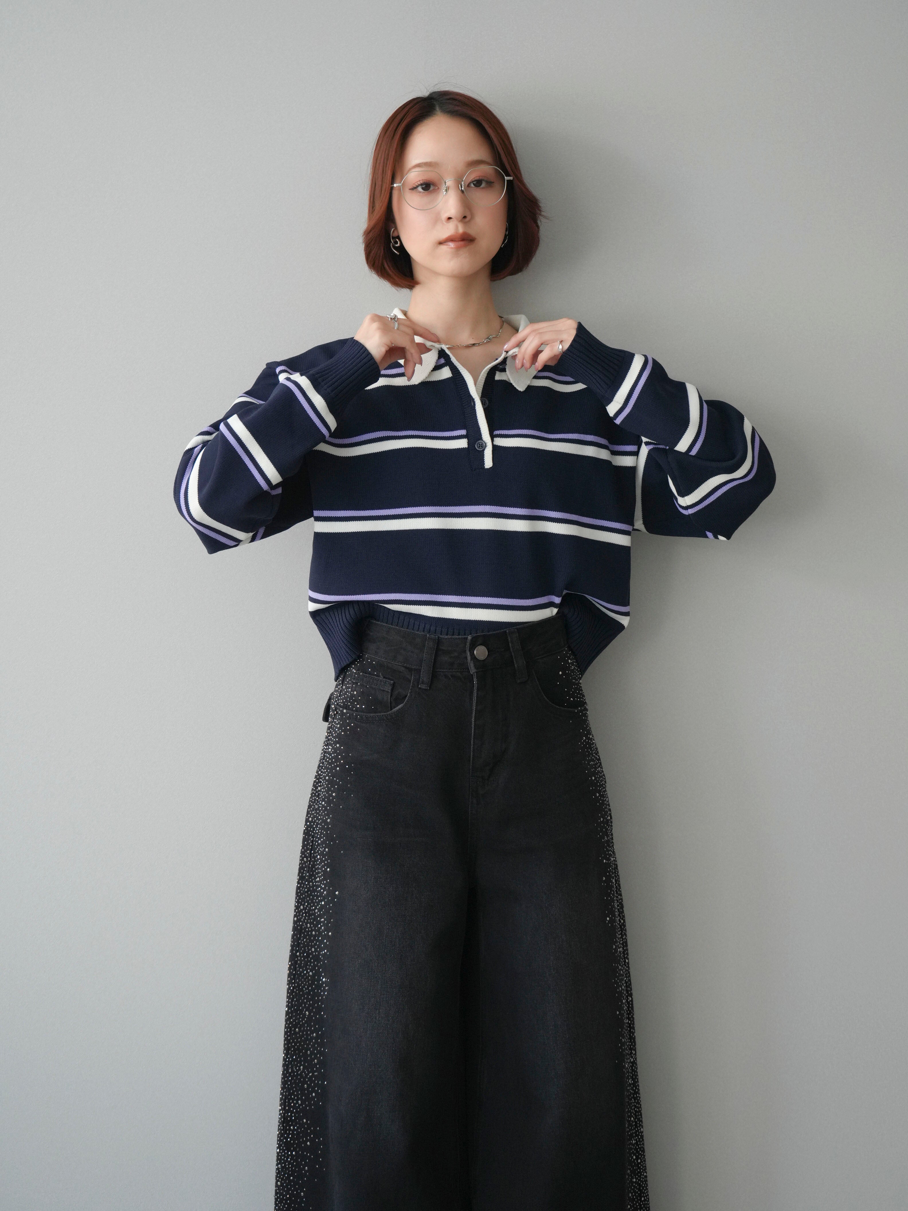 新品未開封 ETRETOKYO マルチボーダーニットポロ NAVY 予約]マルチボーダーポロニットトップス/navy – Lumier